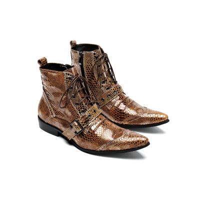 Snake Pattern Gold Men Genuine Leather Boots E3